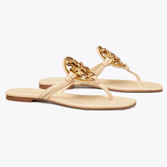 Tory Burch NIB Miller Jeweled Leather Thong Sandals Brie Cream Beige - Picture 3 of 15